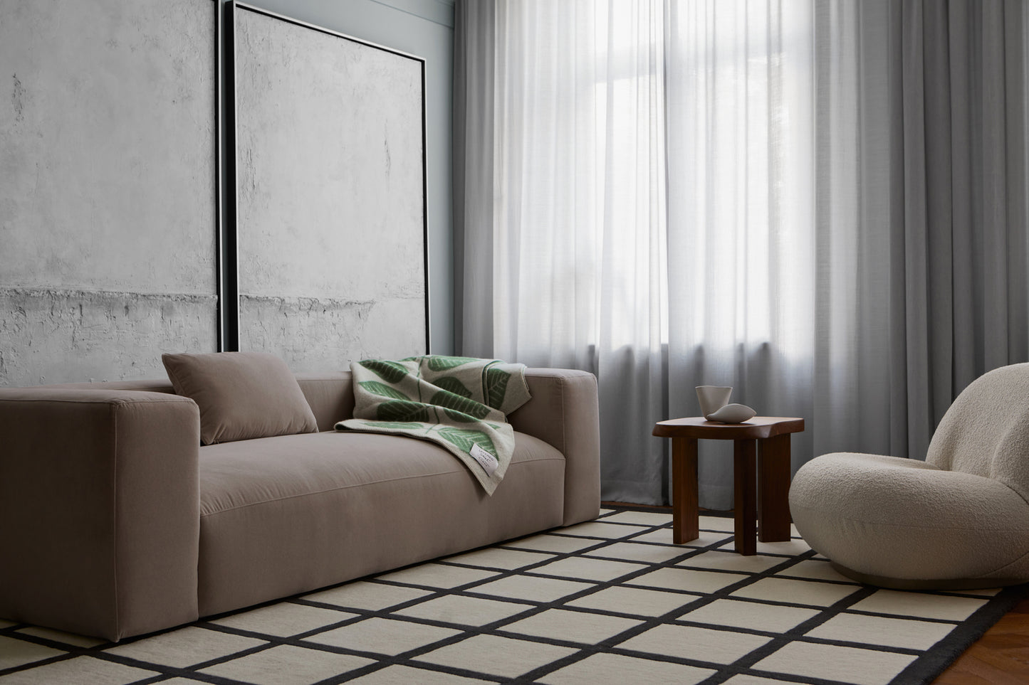 Vloerkleed Layered Avenue Checked Bone White Wool Rug