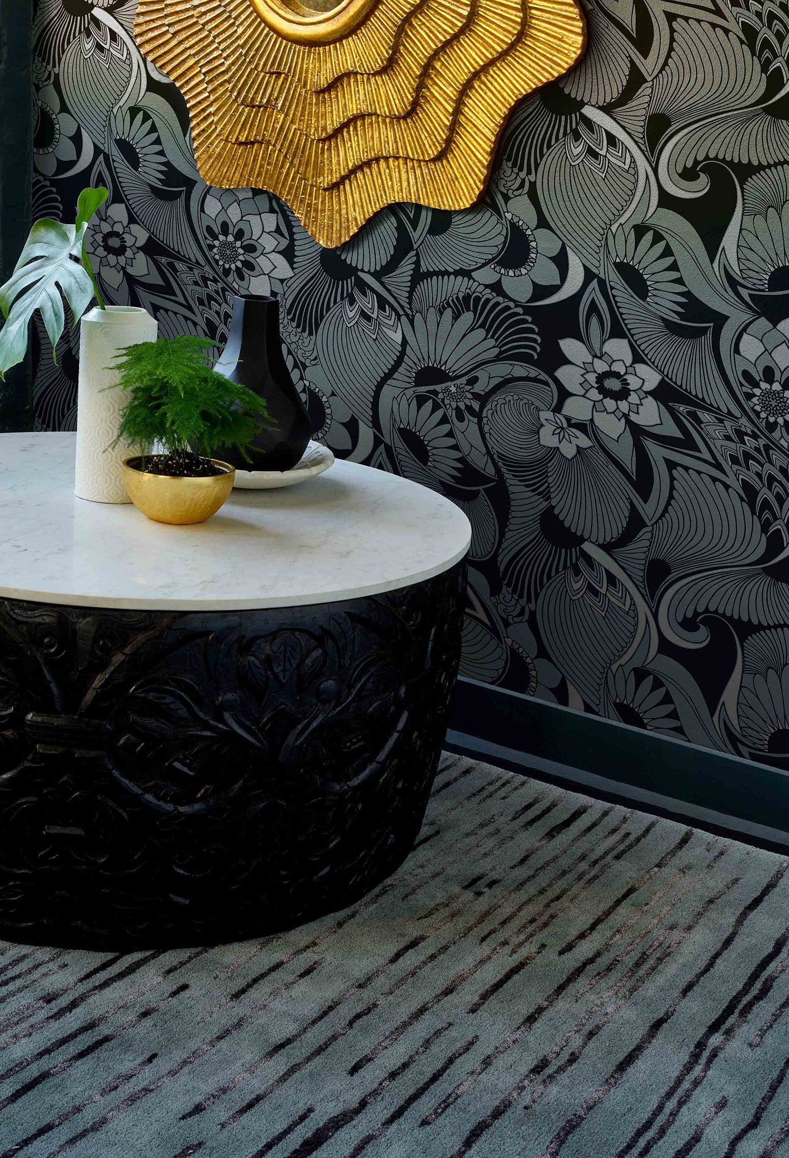 Laagpolig vloerkleed Florence Broadhurst Slub Charcoal 39405 Vloerkledenwinkel