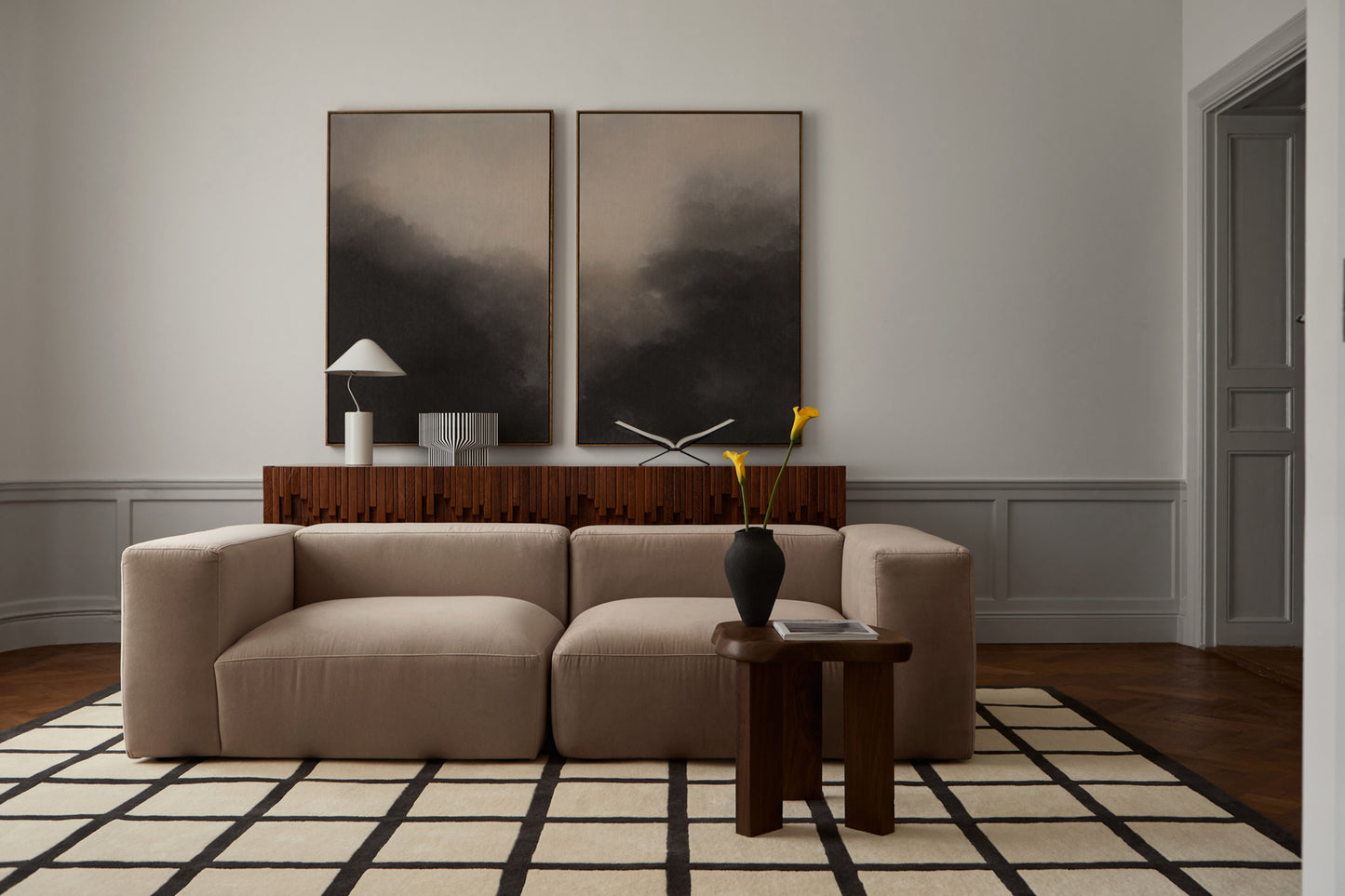 Vloerkleed Layered Avenue Checked Bone White Wool Rug