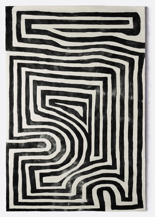 Dusty Deco Psychedelic Labyrinth Charcoal vloerkleed, volledig product zonder overtollige witruimte