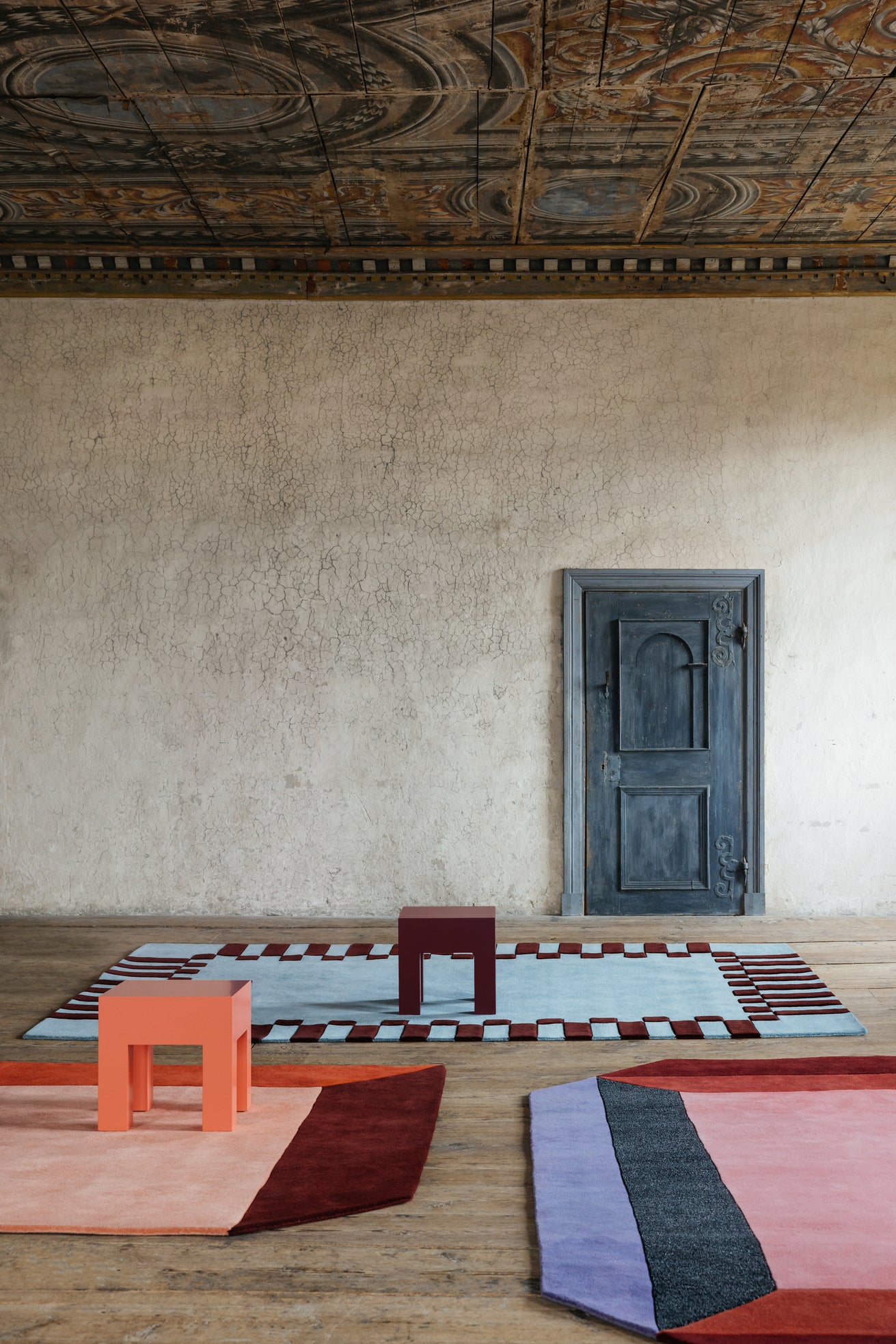 Vloerkleed Layered Teklan Frame Wool Rug Mullberry Sky